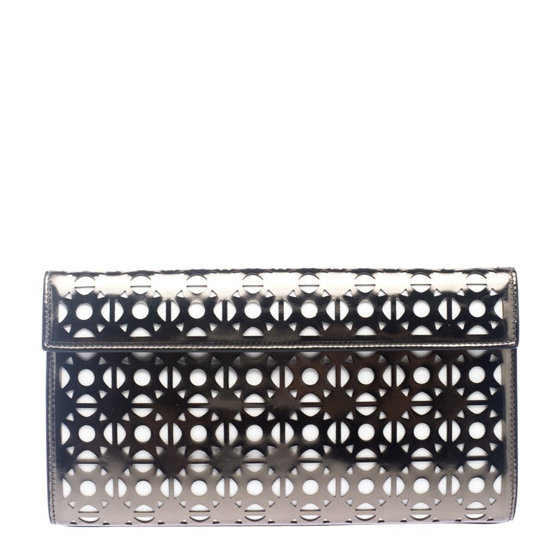 Pre Owned Alaia Metallic Grey Laser Cut Patent Leather Clutch