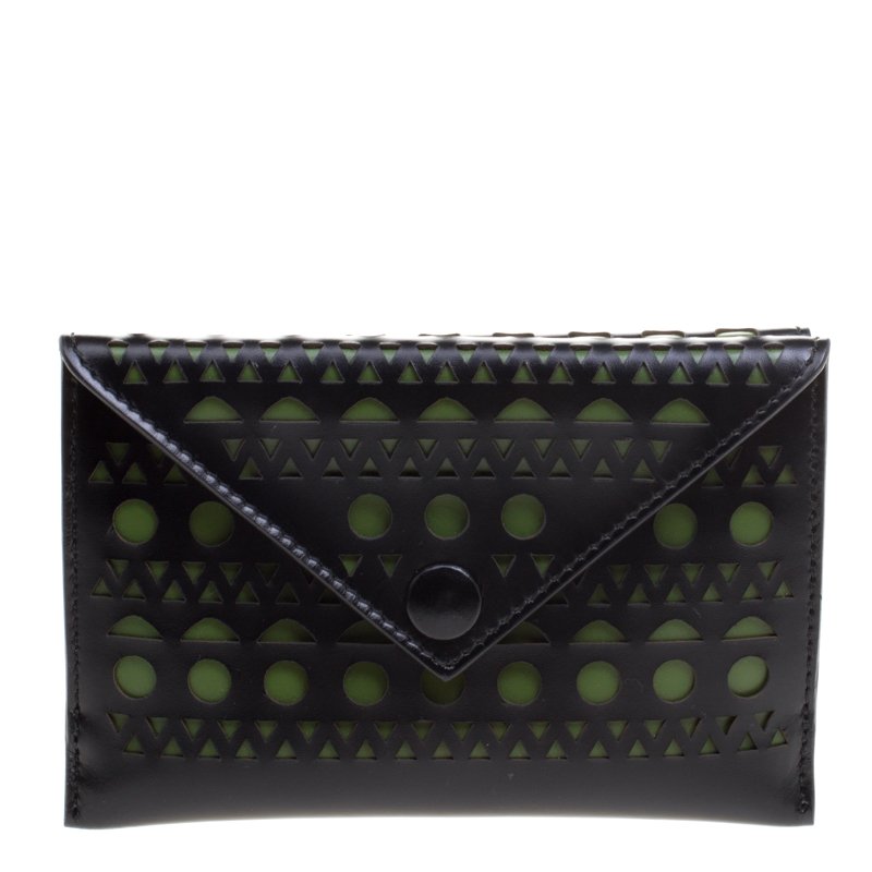 Pre Owned Alaia Black/Green Laser Cut Leather Mini Double Envelope Clutch