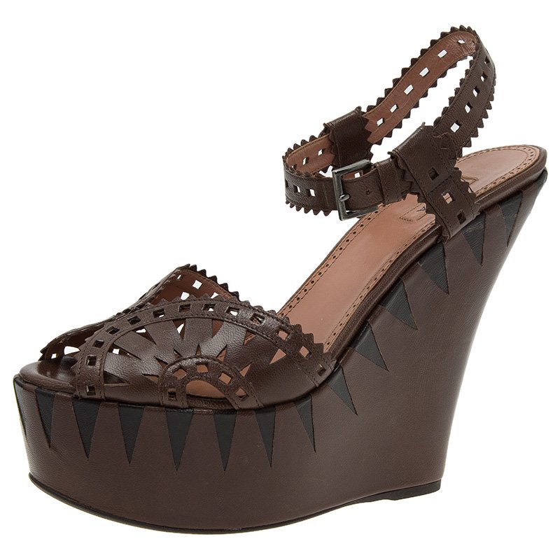Pre Owned Azzedine Alaia Brown Cutout Leather Wedge Sandals Size 39