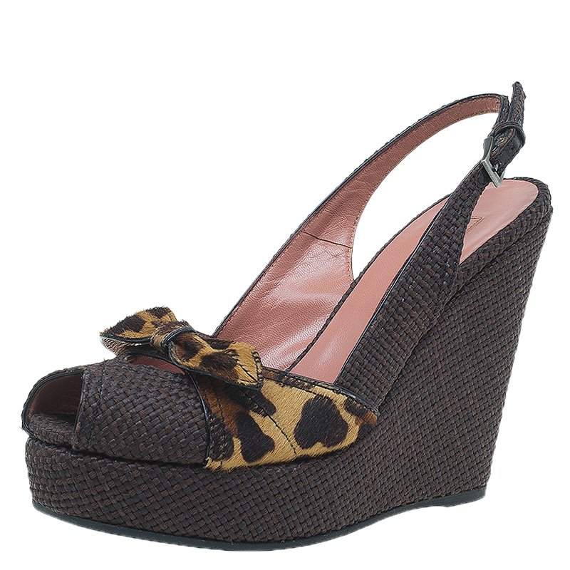 Pre Owned Azzedine Alaia Brown Raffia and Leopard Pony Hair Bow Slingback Wedges Size 36