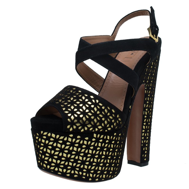 Pre Owned Azzedine Alaia Black and Metallic Gold Suede Cutout Platform Sandals Size 38