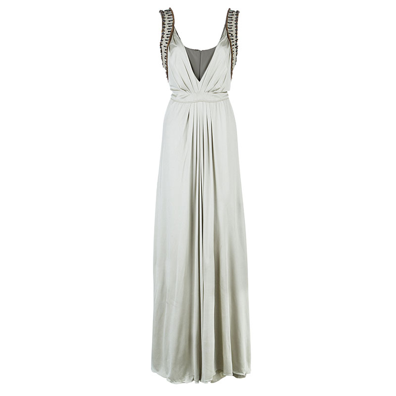 Pre Owned Alberta Ferretti Beige Embellished Maxi Dress M