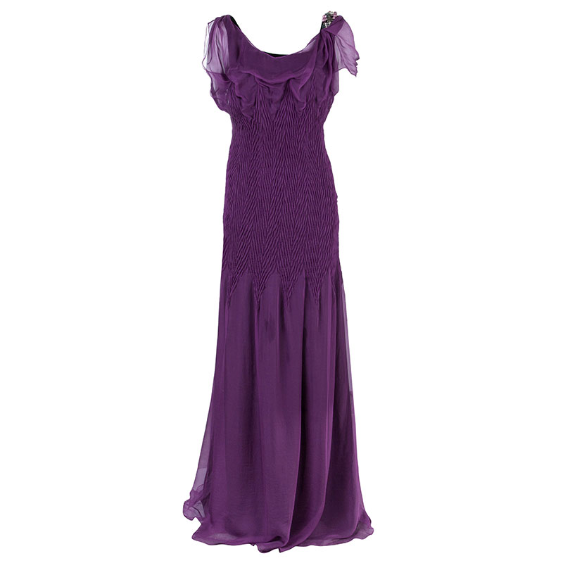 Pre Owned Alberta Ferretti Purple Embellished Chiffon Maxi Dress M