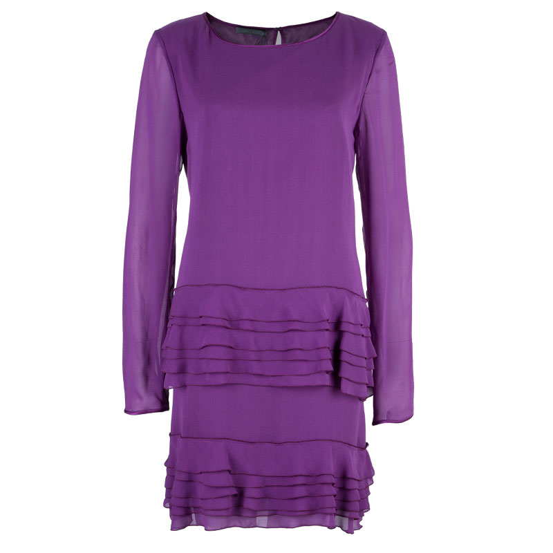 Pre Owned Alberta Ferretti Purple Tiered Silk Dress M