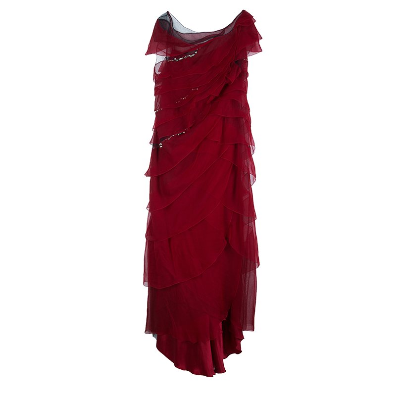 Alberta Ferretti Red Chiffon Tiered Stone Embellished Gown M