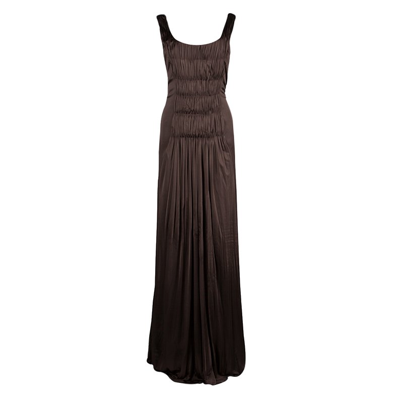 Pre Owned Alberta Ferretti Brown Knit Smocking Detail Sleeveless Gown M