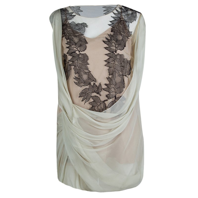 Alberta Ferretti Beige Contrast Leaf Embroidered Draped Sleeveless Blouse M