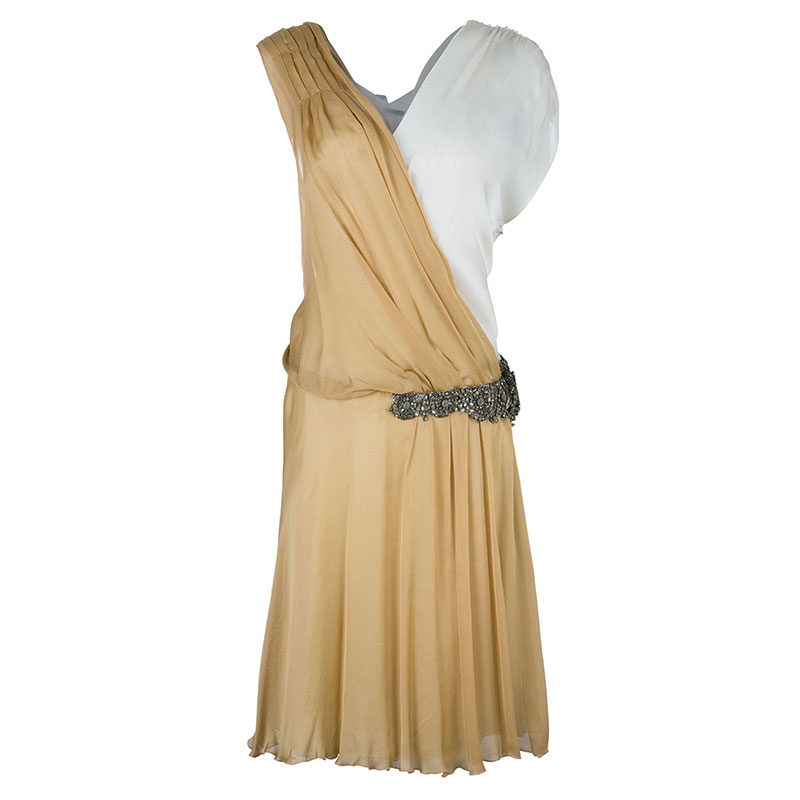Pre Owned Alberta Ferretti Beige Gathered Dress M