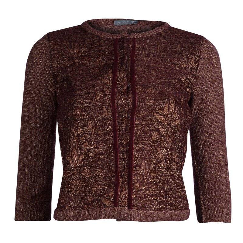 Pre Owned Alberta Ferretti Burgundy and Gold Floral Jacquard Lurex Knit Cardigan S