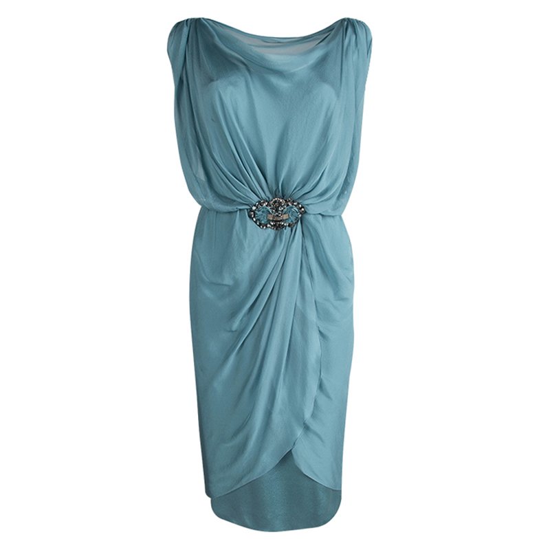 Pre Owned Alberta Ferretti Silk Embellished Buckle Draped Dress S