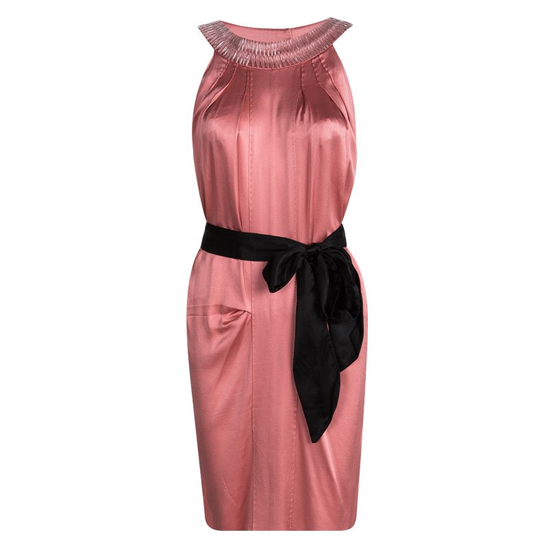 Pre Owned Alberta Ferretti Pink Silk Embellished Neck Detail Belted Sleeveless Dress S