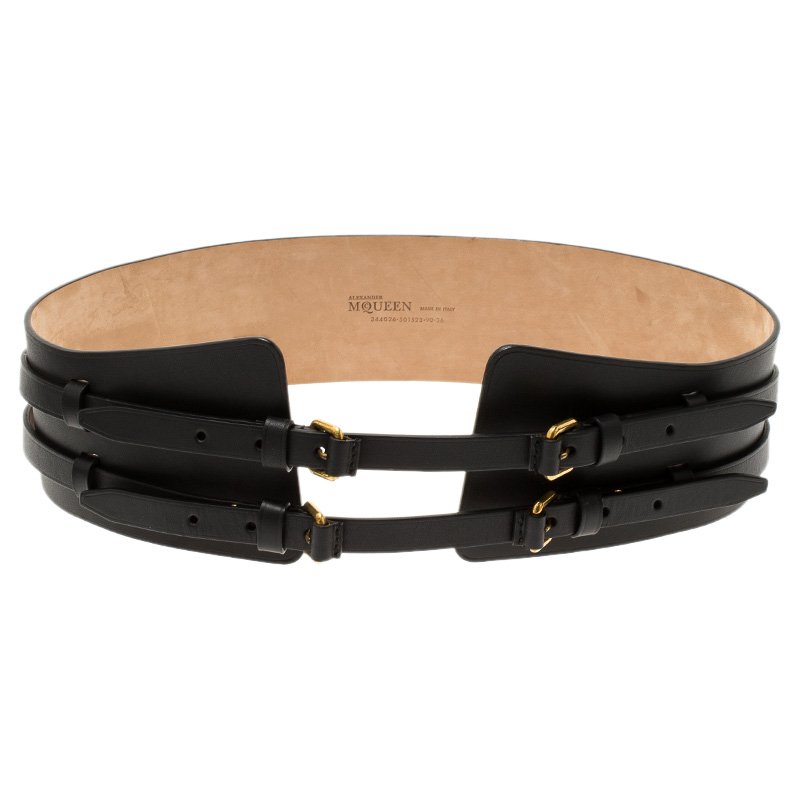 Alexander McQueen Black Leather Wide Waist Belt 90CM