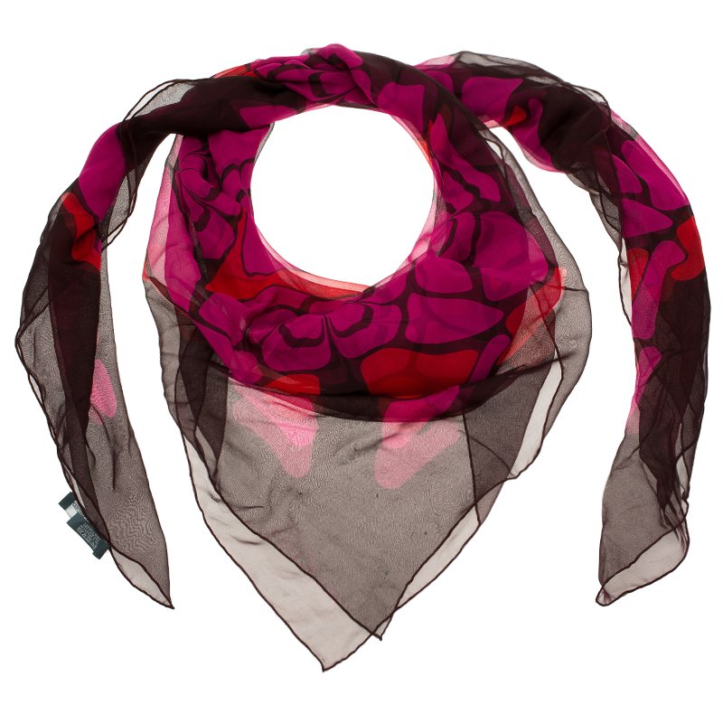 Pre Owned Alexander McQueen Red and Pink Chiffon Floral Print Square Scarf