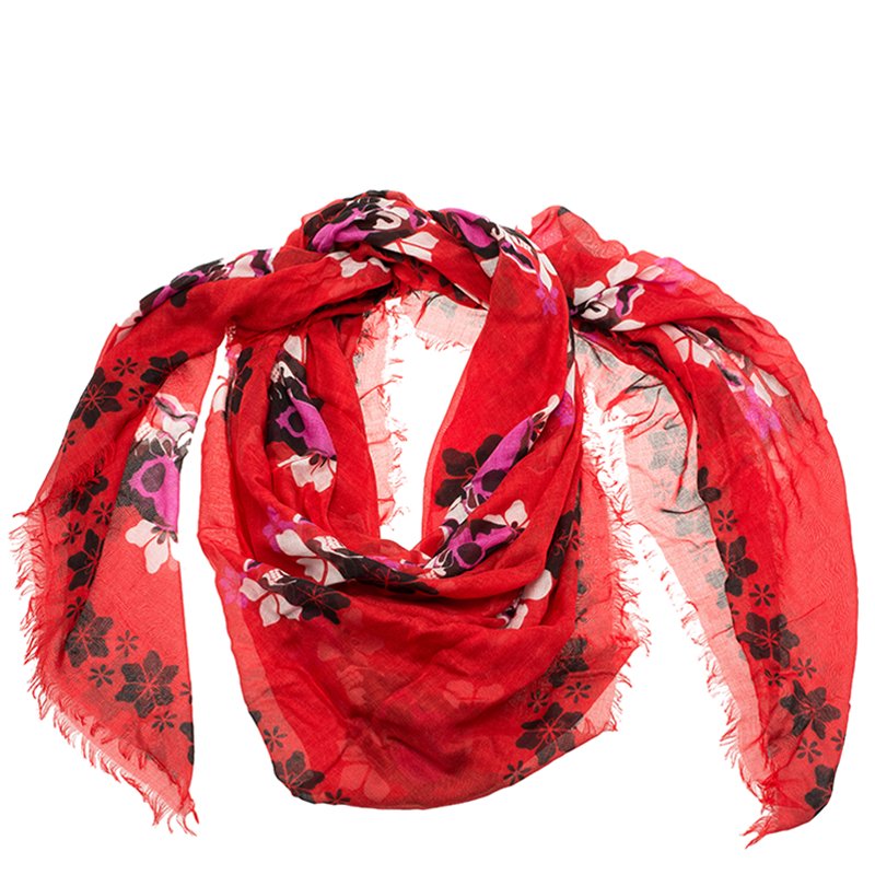 Pre Owned Alexander McQueen Red Floral Skull Square Scarf