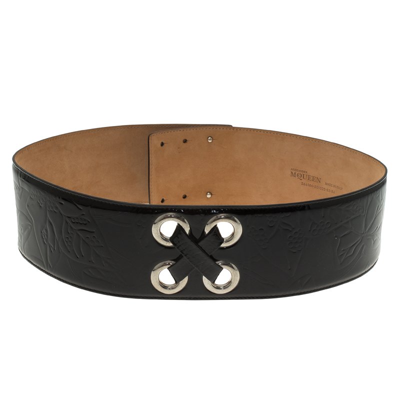 Pre Owned Alexander McQueen Black Patent Ivy Eyelet Waist Belt 85 CM