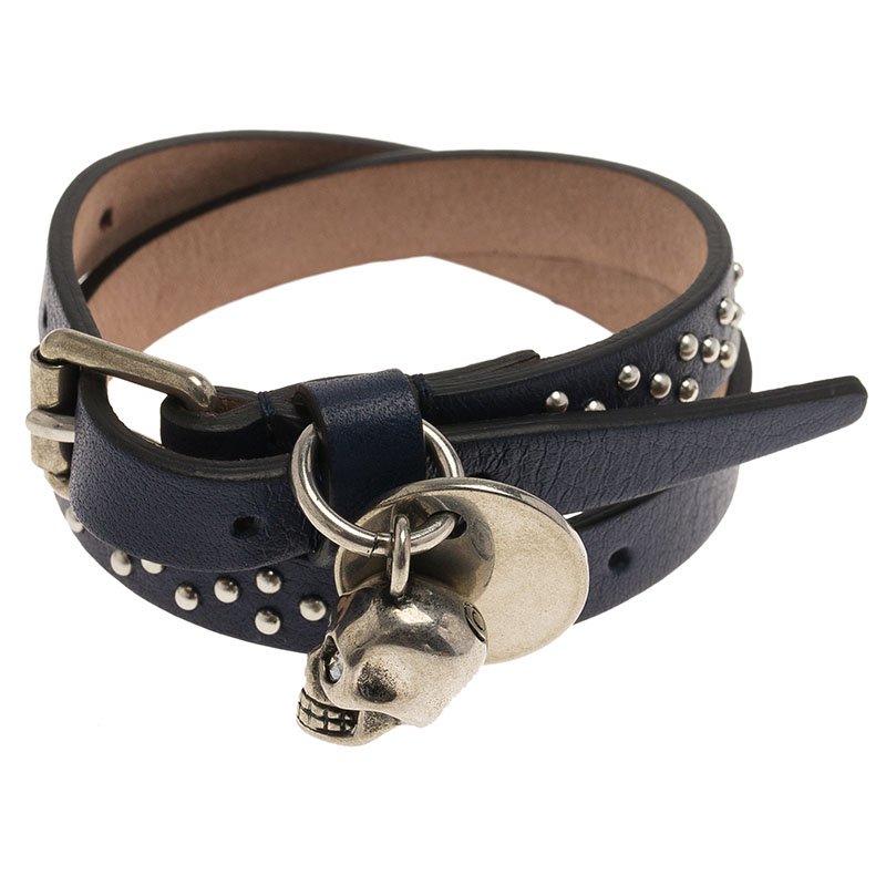 Alexander McQueen Navy Blue Studded Leather Wrap With Skull Charm Silver Tone Bracelet