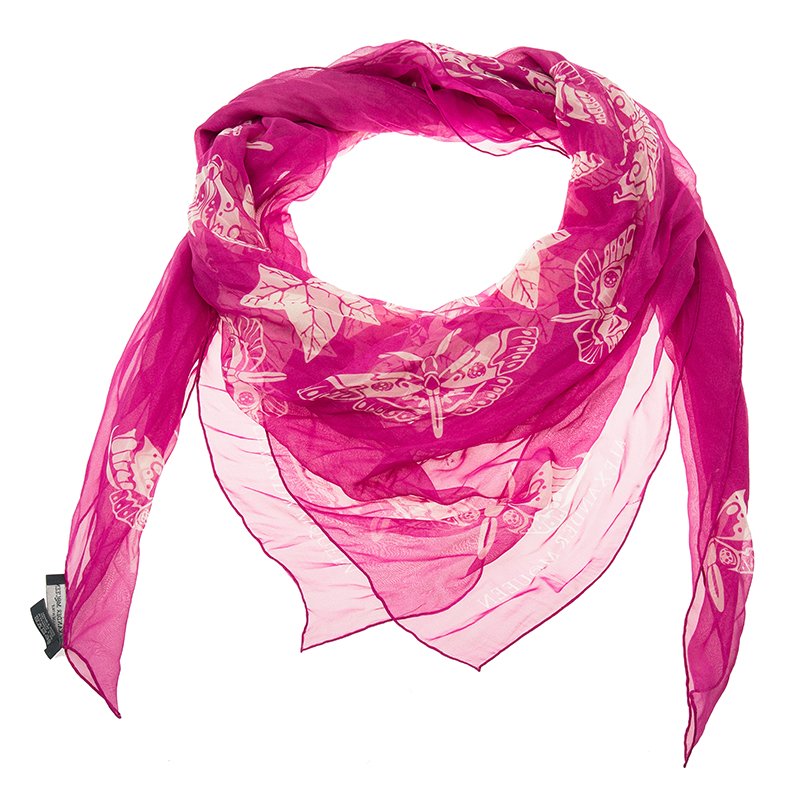Pre Owned Alexander McQueen Pink Chiffon Escher Ivy Print Square Scarf