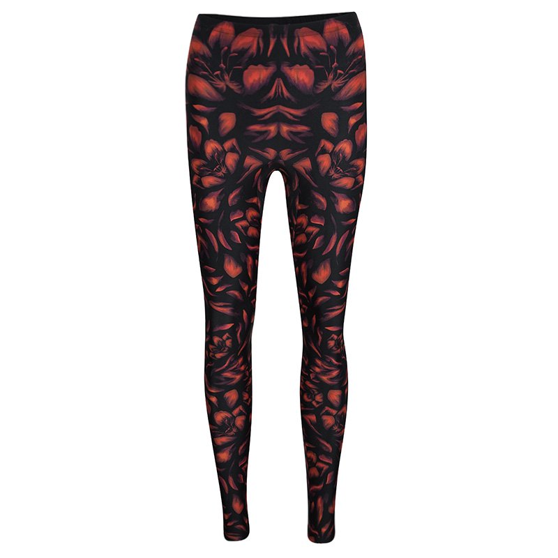 Pre Owned Alexander McQueen Black Knit Tulip Printed Leggings XS