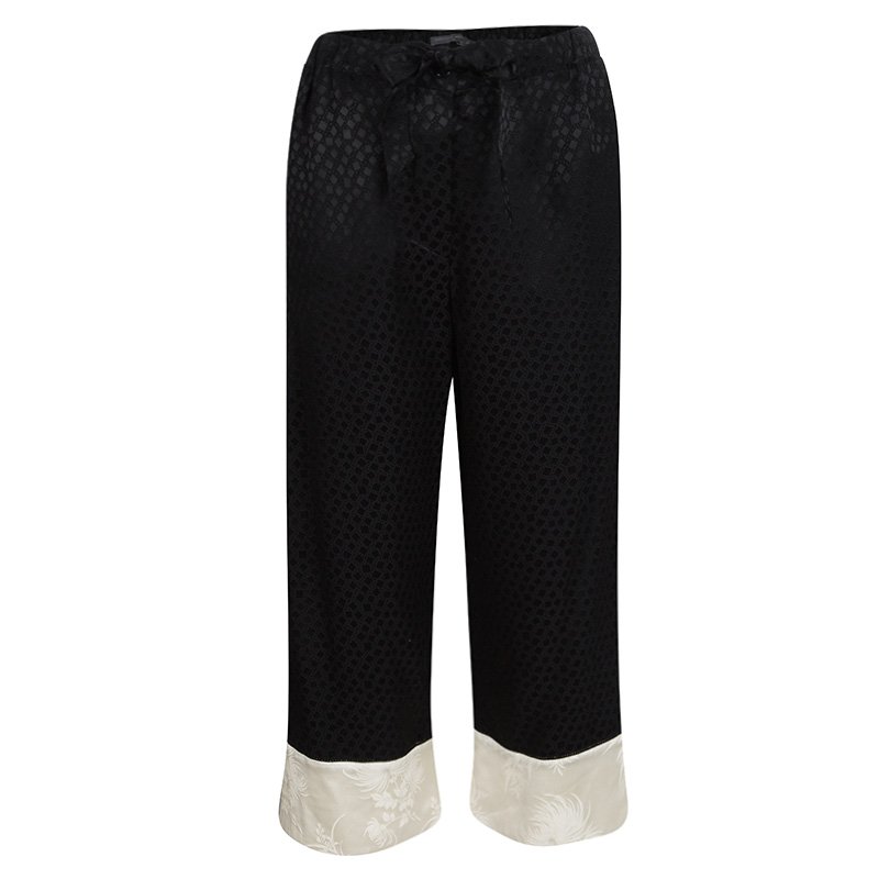 Pre Owned Alexander McQueen Black Silk Jacquard Contrast Hem Drawstring Detail Pants S