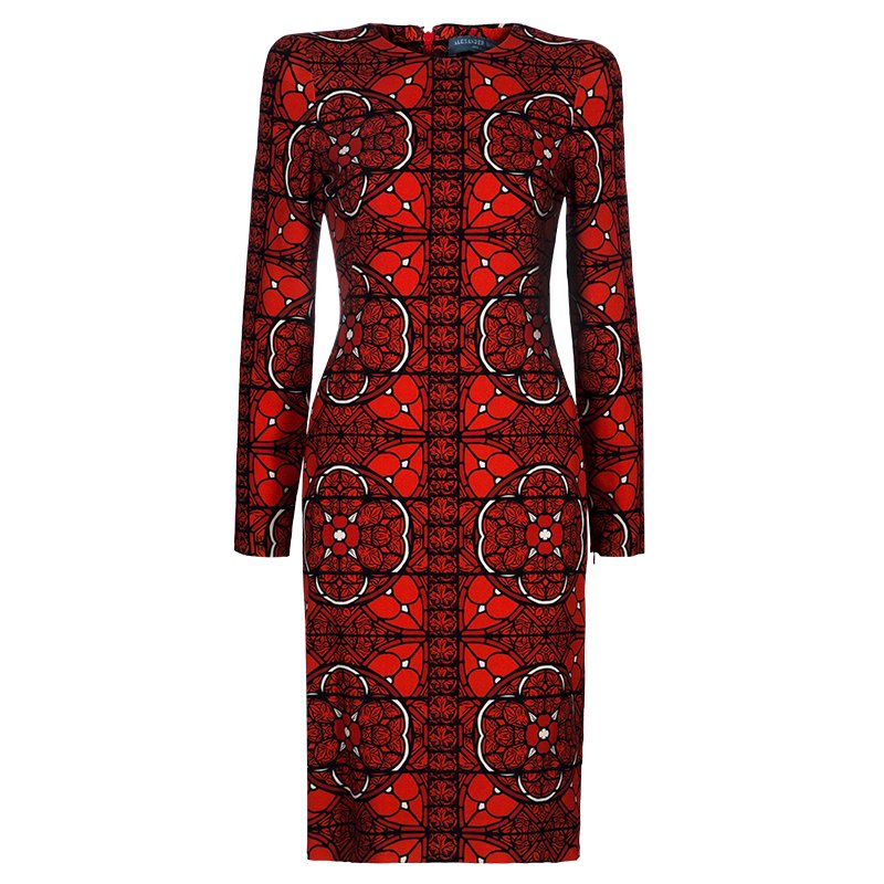 Pre Owned فستان أليكساندر مكوين بأكمام طويلة مطبوع أحمر S