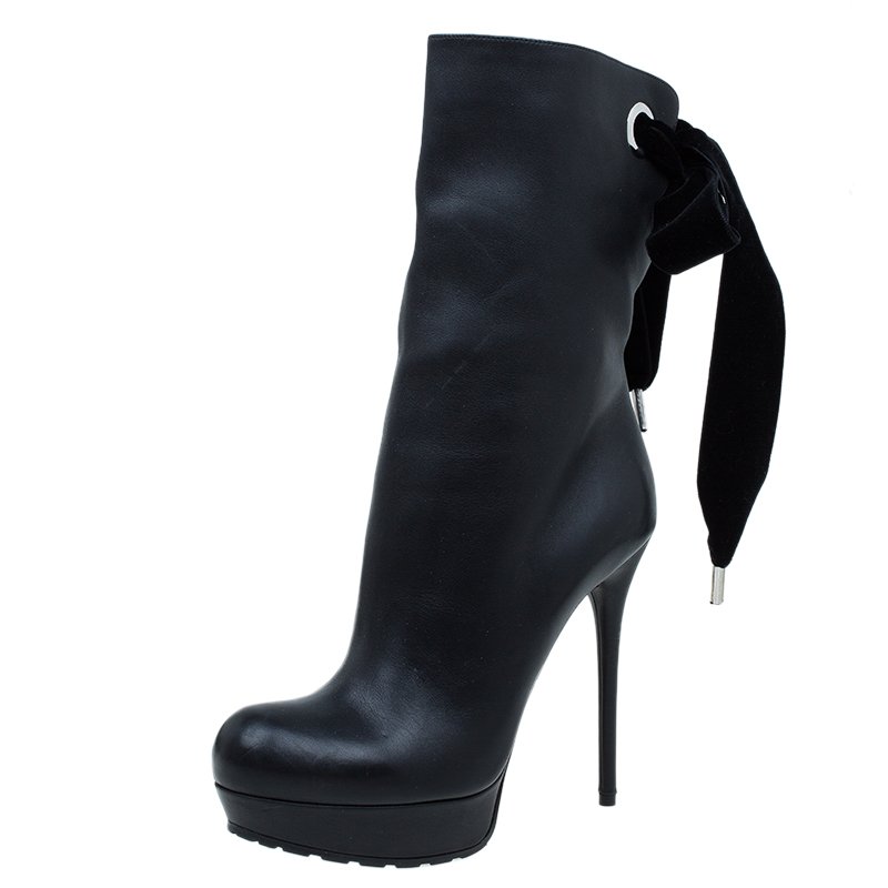 Alexander McQueen Black Leather Bowtie Platform Ankle Boots Size 38.5