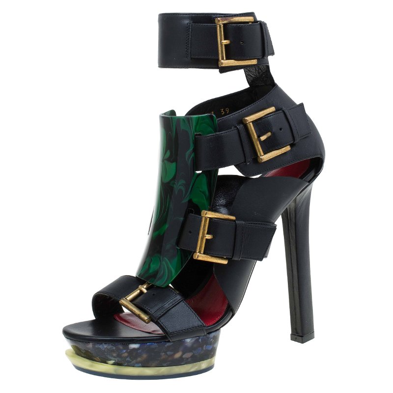 Pre Owned Alexander McQueen Black Leather Plexi Plaque Strappy Platform Sandals 39