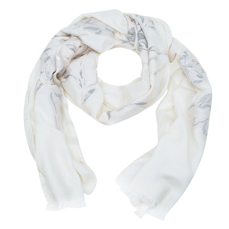 Pre Owned Alexander McQueen White Silk and Wool Blend Embroidered Shawl 