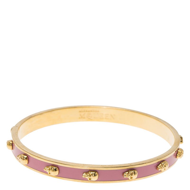 Pre Owned Alexander McQueen Skull Pink Thin Gold Tone Bracelet