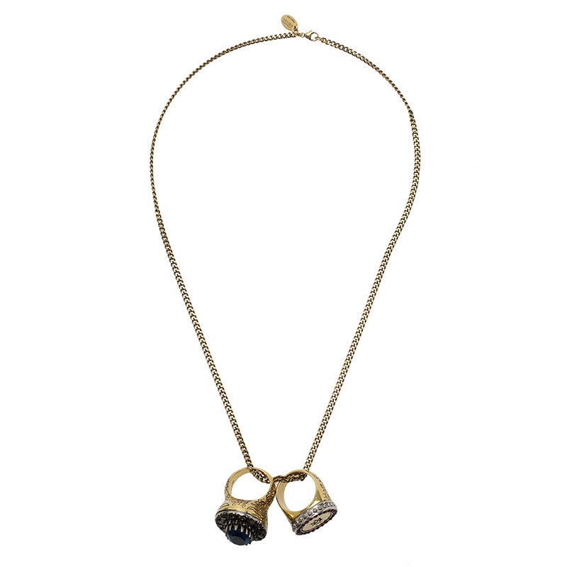 Pre Owned Alexander McQueen Multicolor Crystal Cocktail & Signet Ring Gold Tone Pendant Necklace