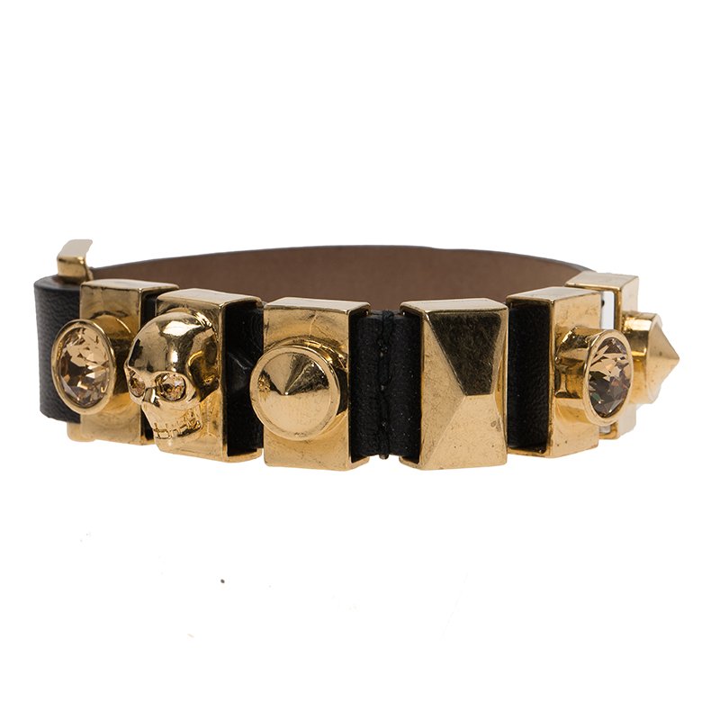 Pre Owned Alexander McQueen Crystal Skull Gold Tone Loops Black Leather Bracelet One Size