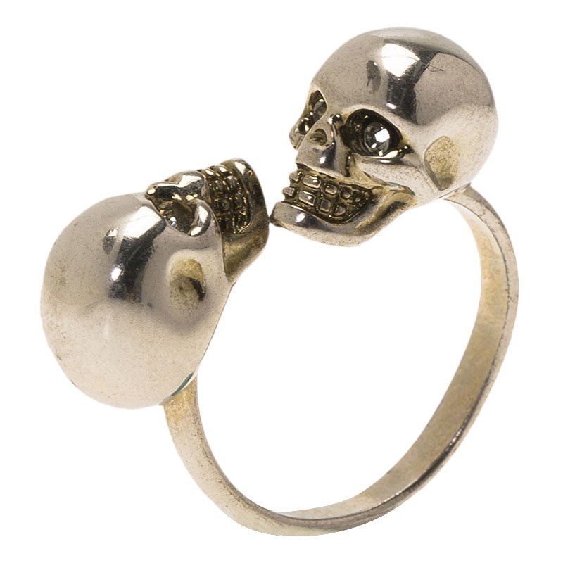 Pre Owned Alexander McQueen Twin Skull Crystal Silver Tone Ring Size 54.5