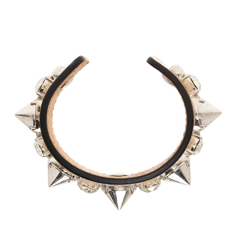Pre Owned Alexander McQueen Pink Leather Crystal Silver Tone Spiked Wide Open Cuff Bracelet 16cm