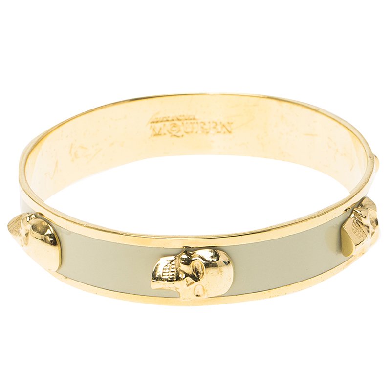 Alexander McQueen 3D Skull Beige Enamel Gold Tone Wide Bangle 20cm