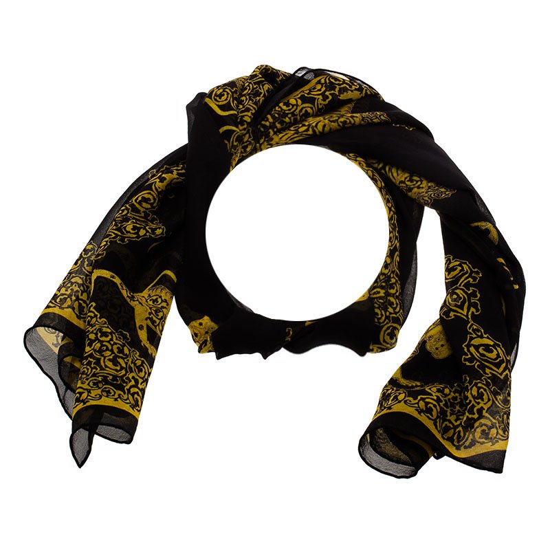 Alexander McQueen Black and Gold Printed Silk Scarf