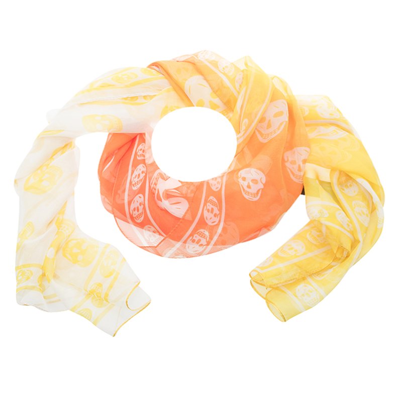 Pre Owned Alexander McQueen Yellow Ombre Silk Chiffon Skull Print Scarf
