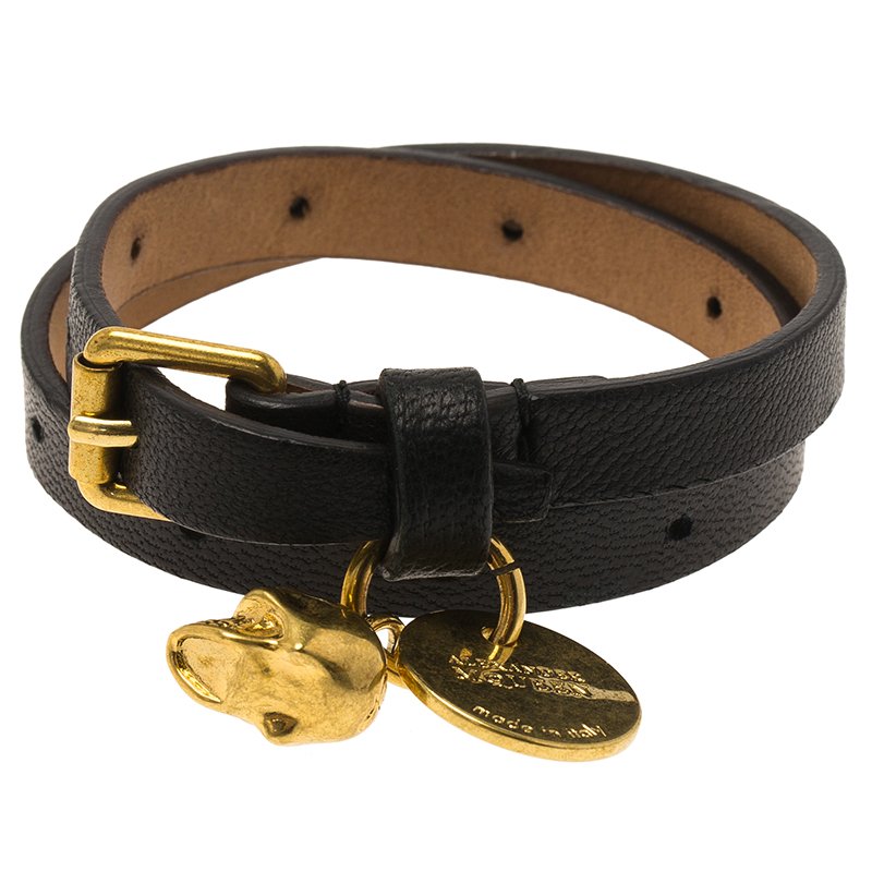 Pre Owned Alexander McQueen Black Leather Gold Tone Skull Charm Double Wrap Bracelet