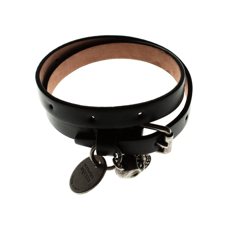 Pre Owned Alexander McQueen Skull Black Leather Double Wrap Bracelet