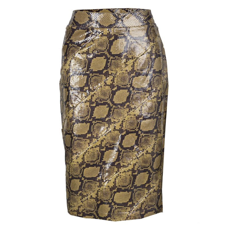 Pre Owned Alexander McQueen Mustard Brown Snakeskin Pattern Patent Leather Pencil Skirt M