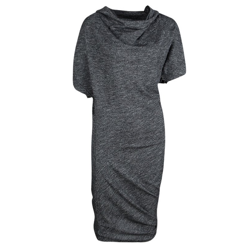 Pre Owned Alexander McQueen Grey Marled Knit Draped Asymmetric Dress S 