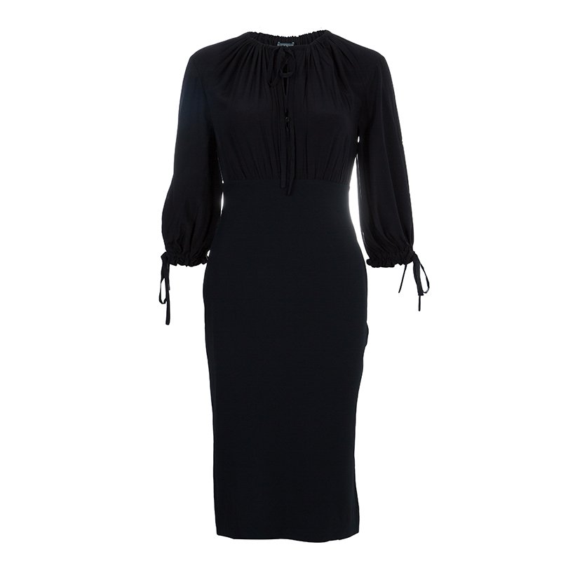 Pre Owned Alexander McQueen Black Gathered Waist Long Sleeve Dress S