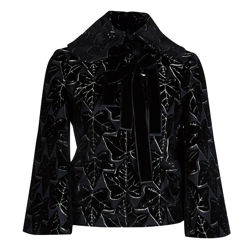 Pre Owned Alexander McQueen Black Leaf Print Embossed Velvet Jacket S