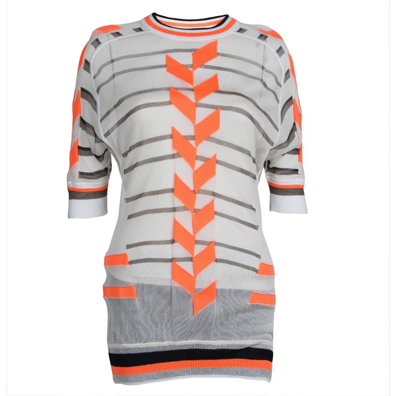 Pre Owned Alexander Wang Off White Knit Neon Colorblock Detail Sheer Top M