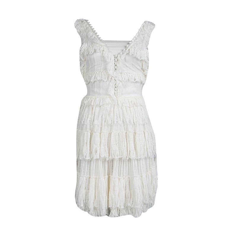Pre Owned Alexander McQueen Cream Knit Ruffle Detail Tiered Sleeveless Dress XXS