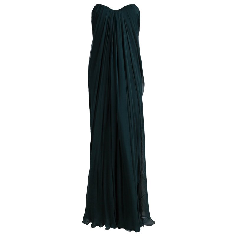 Pre Owned Alexander McQueen Green Draped Silk Strapless Gown M