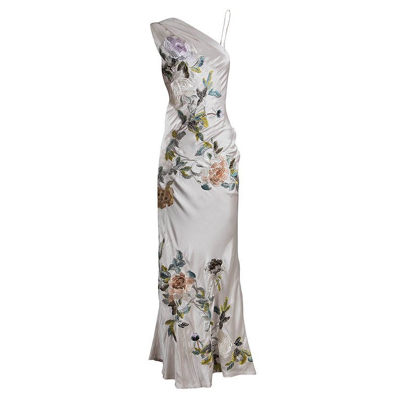 Alexander McQueen Beige Embroidered Silk One Shoulder Draped Sleeve Detail Gown S