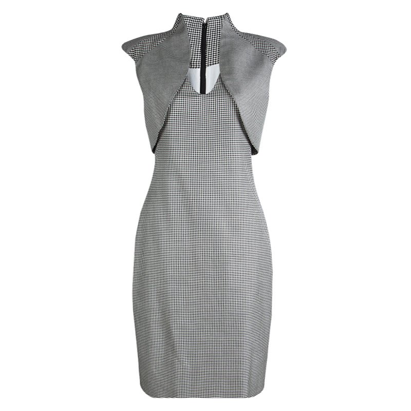 Pre Owned Alexander McQueen Monochrome Houndstooth Power Shoulder Dress M