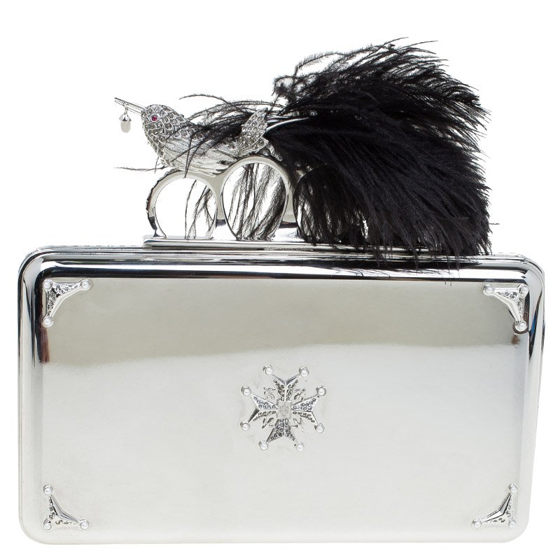 Pre Owned Alexander McQueen Silver Metal Bird with Feather Ring Knuckle Case
