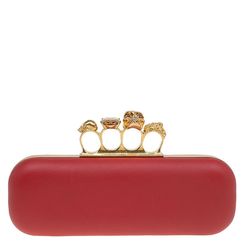 Pre Owned Alexander McQueen Red and Orange Leather Skull Knuckle Box Clutch