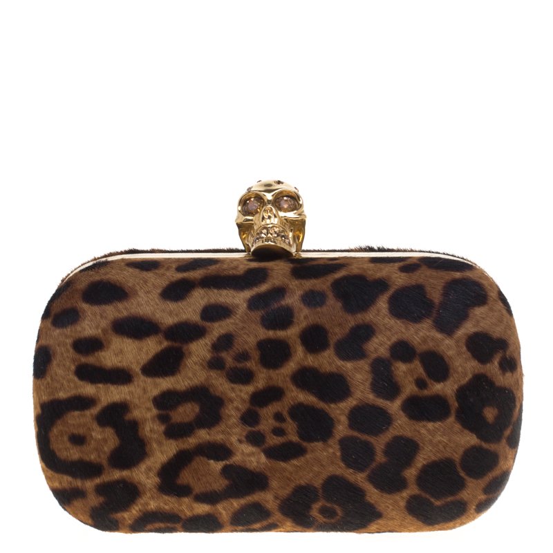 Pre Owned Alexander McQueen Leopard Print Calf Hair Skull Box Clutch