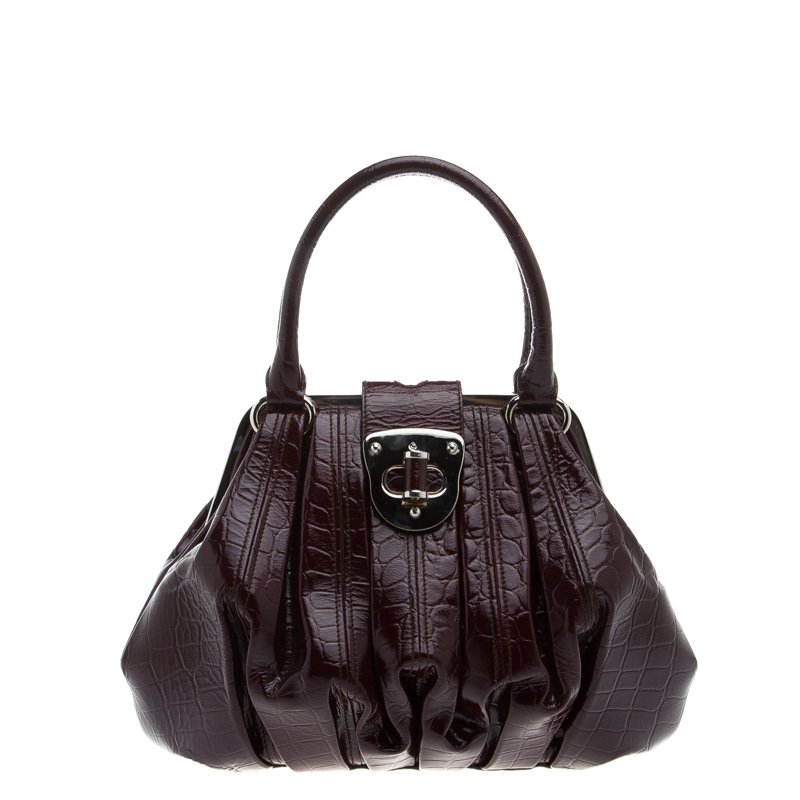 Alexander McQueen Burgundy Croc Embossed Patent Leather Elvie Satchel